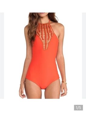acacia swimwear Bright Orange Macramé High-Neck One-Piece